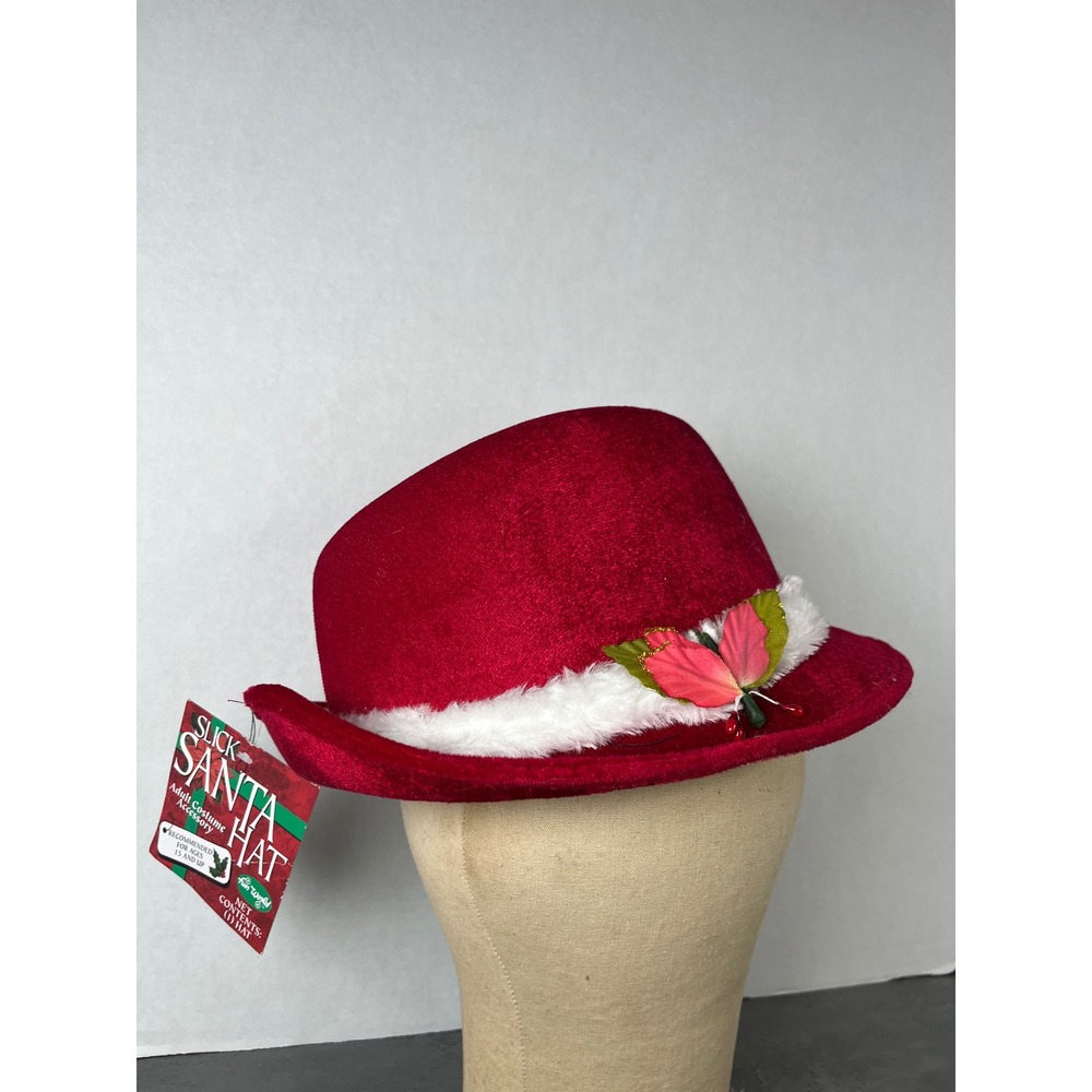 NWT Fun World Slick Santa Hat Adult Costume‎ Fedora Red Velvet Faux Fur Trim